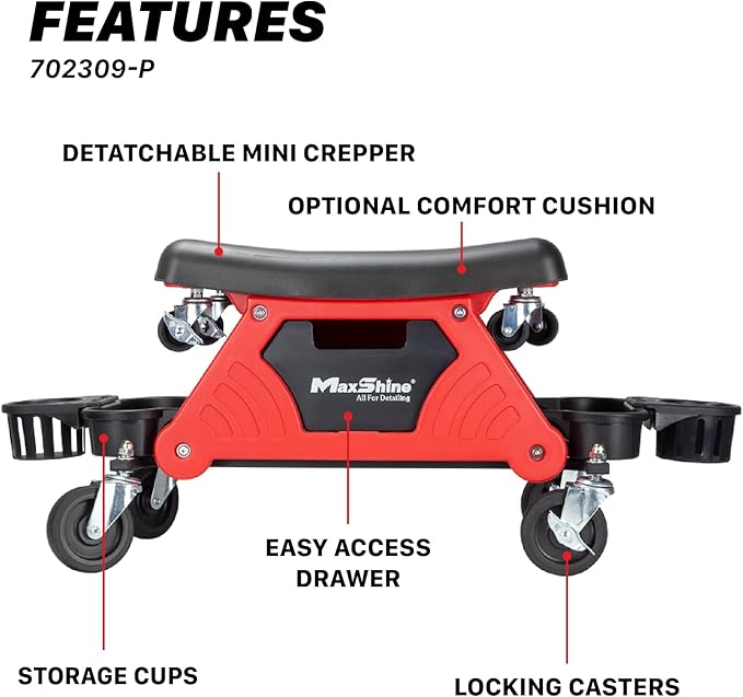Maxshine Detailing Mini Creeper with Cushion – Mobile Rolling Utility Creeper Seat for Mechanics & Car Detailers – Comfortable Low Profile Seat for Car Cleaning, Polishing, Coating & Waxing