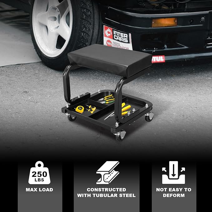 Torin ATR6300B Rolling Creeper Garage/Shop Seat: Padded Mechanic Stool with Tool Tray Storage, Black Large