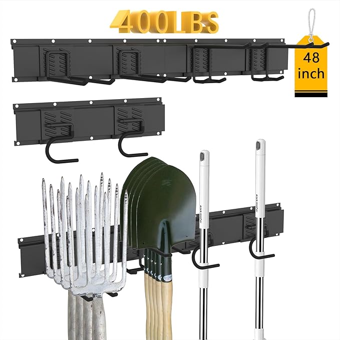 CBWLWJ Garage Tool Organizer Wall Mount, 48 inch Garage Wall Organizer, 400lbs Sturdy Garden Tool Organizer with 6 Adjustable Hooks, for Yard, Shed, Basement, Workshop(Black)