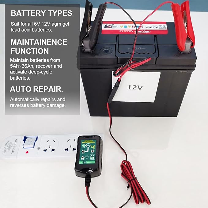 12V / 6V Battery Trickle Charger Maintainer, 1.5A Automatic Smart Float Charger Battery Charger for Motorcycle Lawn Mower Car Boat Tractor ATV, SLA VRLA Gel Cell AGM Lead Acid Batteries