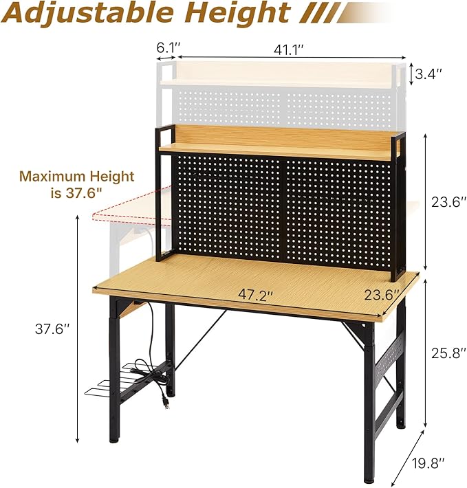 Zevemomo 48" Adjustable Height Workbench with Pegboard, Work Benches for Garage, Heavy Duty Wood Top Work Bench with Wheels, 2000 LBS Load Capacity, Rolling Work Table with Outlet Storage Shelf Hooks