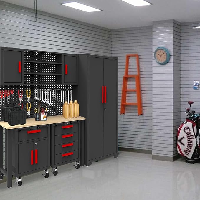 Torin Garage Storage Cabinets System, 6-Pcs Workshop Cabinet Set in Black, Included Steel Cabinets Drawers Rolling Chest and Pegboard,Locked Garage Storage Cabinet