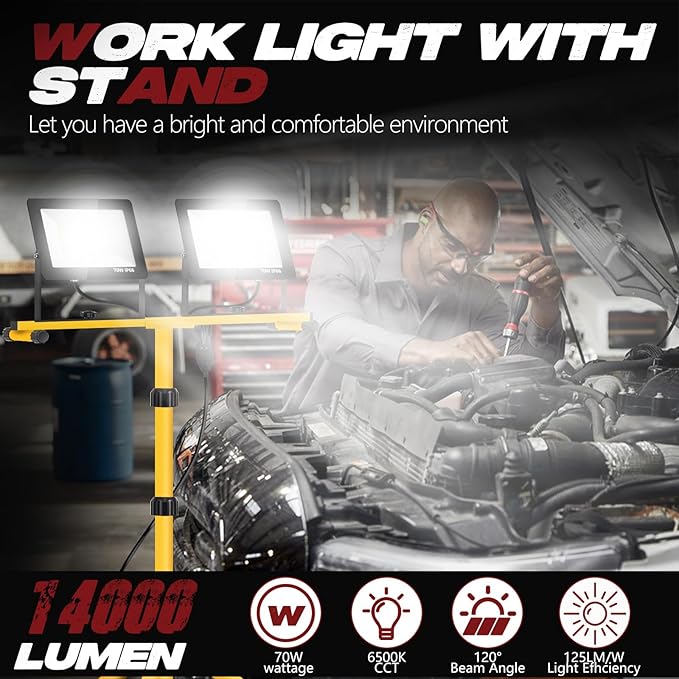 22000 Lumen Work Lights with Stand, 2 Adjustable Head LED Work Light, with Adjustable and Foldable Tripod Stand, Waterproof Lamp with Individual Switch with 6500 Kelvin Color (2-head)