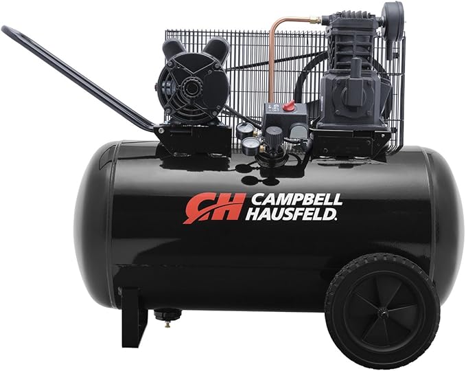 CAMPBELL HAUSFELD 30 Gallon Horizontal Air Compressor, 3.7 HP Portable Air Compressor, 135 maximum PSI, 230 Volt, Pneumatic wheels, Durable Industrial Design for Workshop and Garage Use