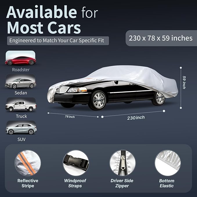 Car Cover Waterproof All-Weather,Heavy-Duty Outdoor Full Exterior Automobiles Snow Cover for Sedan 219-234 inch,with Sun Visor,Anti-Scratch Cotton Lining & Zippered,Towel&Storage Bag