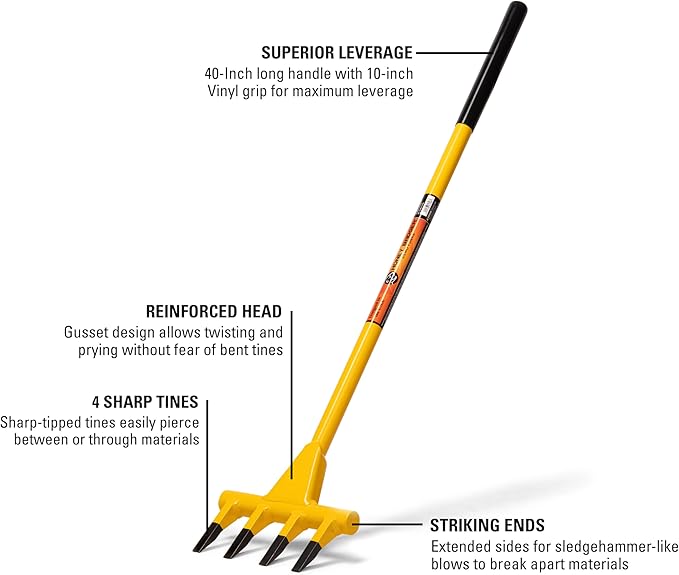 Honey Badger Demolition Fork, 40-inch 4-tine Wrecking Pry Bar, Multipurpose Tool for Flooring, Siding, Trim, Drywall, Roofing, and Decking
