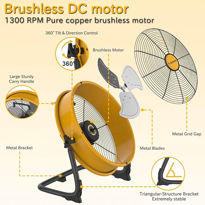 T-SUNUS 12" Rechargeable Floor Fan, 1500 CFM High Velocity Cordless Fan with 13200mAh Battery, 27H Runtime, Metal Industrial Fan, 360° Tilt, AC Charger for Camping, RV, Garage & Emergency