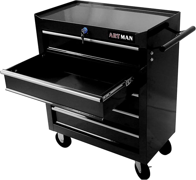 YOPTO Multifunctional Cart with 5 Ball-Bearing Drawers,Portable Rolling Tool Chest W/ 4 Wheels,Key Locking and Pull Handle,for Garage,Warehouse,Workshop,Repair Shop,Black