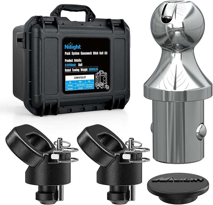 Nilight 60618 Puck System Gooseneck Hitch Ball Kit, Compatible with 2013-2025 Dodge RAM 2500 3500, 2-5/16 Inch Gooseneck Ball for Truck Bed with 2 Safety Chain Anchors w/Storage Box