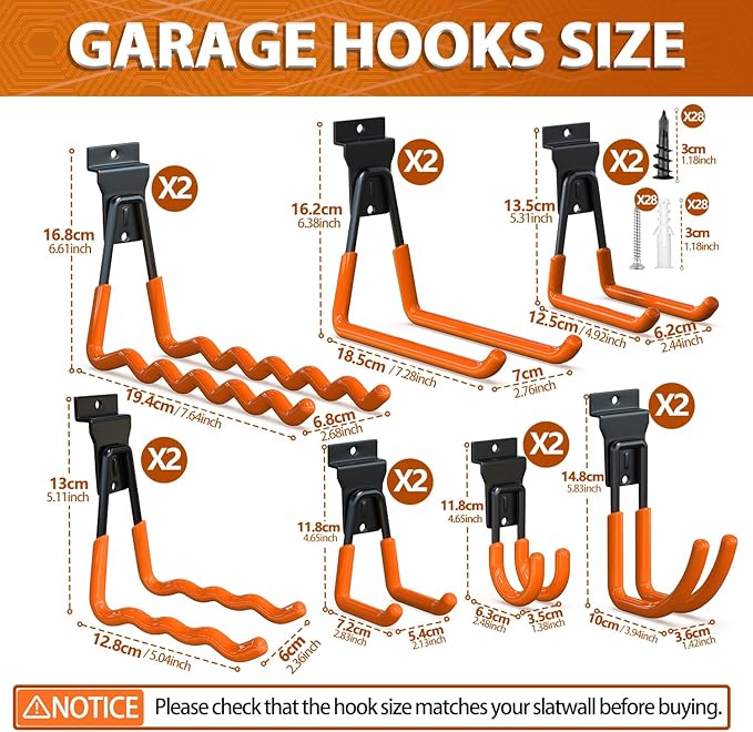 3-H Slatwall Hooks 14 Pack Heavy Duty Multi Sizes, Slatwall Accessories & Hangers Compatible with Proslat Handiwall Crownwall StoreWALL, Garage Slat Wall Hooks for Tools & Daily Items(Orange)