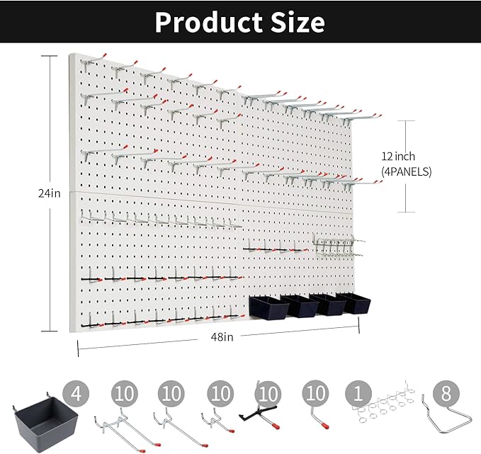 Peg Board for Wall 48x24 inch with 63 Pcs Hooks Accessories, Garage Storage Pegboard Wall Organizer, Metal Pegboard Panels with Hooks, Modular Mounted Control Peg Board Tool Organization (White)