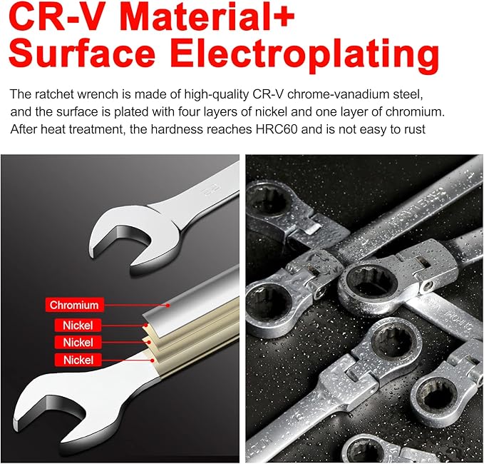 WISEUP Ratchet Wrench, CR-V Chrome-vanadium Steel 8mm Wrench, 180 ° Adjustable Combination Wrenches, Double-end Ratchet Wrench, Anti-slip Rust-proof, Labor-saving Tools