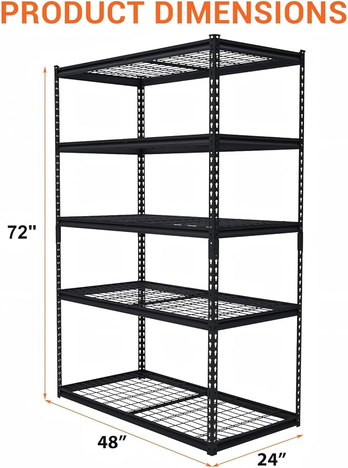 Garage Storage Shelves 5 Tiers, Heavy Duty Storage Shelving Racks with 2500 LBS Capacity, 48 in L x 24 in W x 72 in H Metal Adjustable Utility Shelving Unit for Garage Organization, Basement, Workshop
