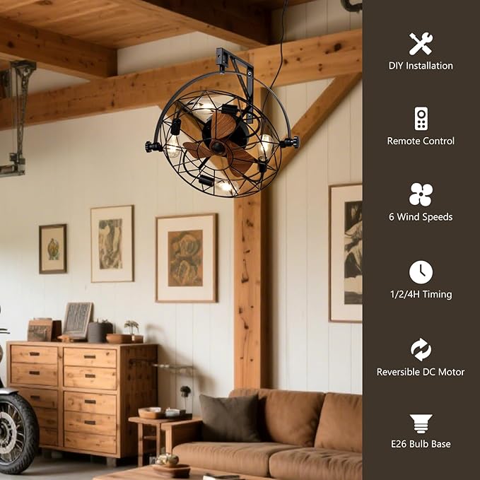 21" Fansconce, 360° Adjustable Tilt and Plug in Wall Mounted Fan, Garage Ceiling Fan with Lights and Remote, Reversible 6-Speed Timming Wall Fan for Residential, Greenhouse, Patio, Commercial etc