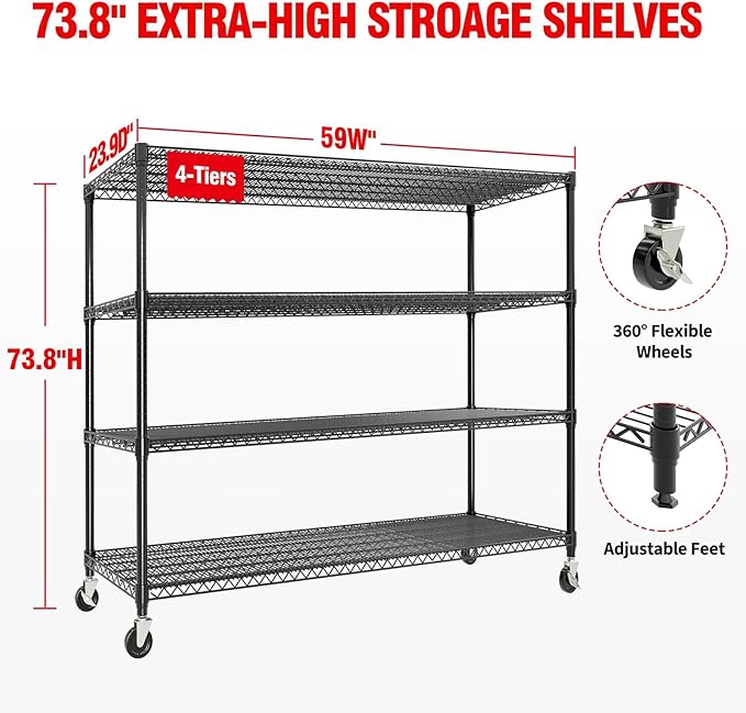 59"W Storage Shelves 2640LBS Heavy Duty Garage Shelving Units with Wheels, 4-Tiers Wire Shelving Rack Metal Storage Shelves with Adjustable Shelf, for Garage Pantry Kitchen Commercial Industrial