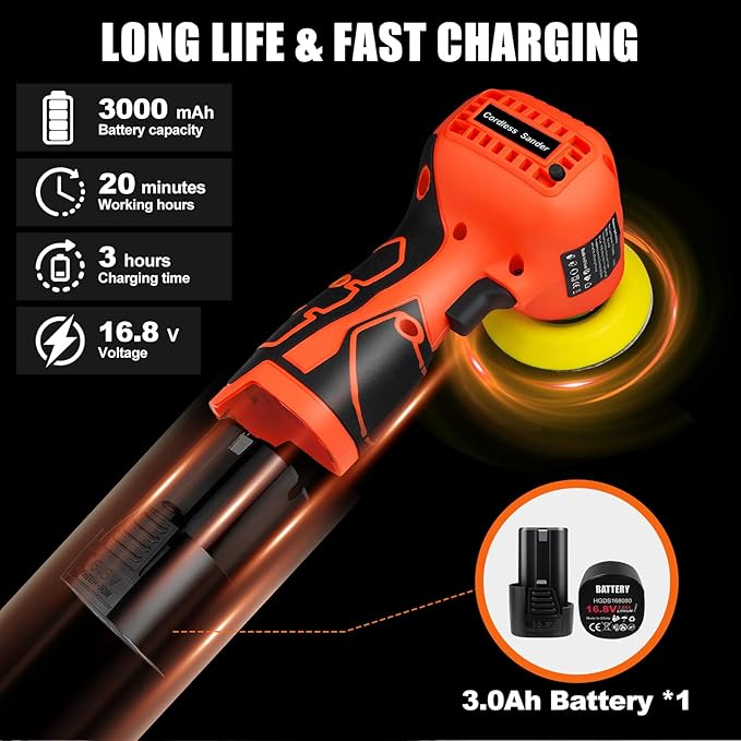 Cordless Sander, 3" Palm Sander with 16.8V 3.0Ah Li-ion Battery, 3500RPM Mini Polisher, 19 Accessories Sanders Tool for Sanding/Polishing/Waxing/Cleaning
