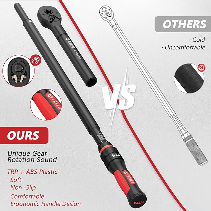 VANPO Torque Wrench 1 Inch Drive 200–1000 Ft-Lb Industrial Heavy Duty Click Type for Mining, Oilfield & Structural Work – TPR+ABS Handle, ±3% Accuracy, 24-Tooth Ratchet, 48" Long Handle with Case