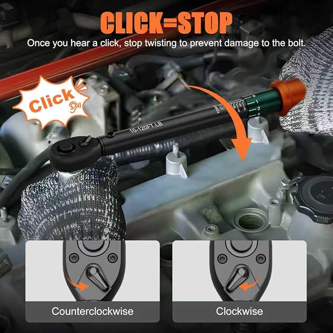 3/8 Click Torque Wrench, 10-120 Ft-lb, 72-Tooth Dual Direction Torque Wrench, ±3% Precision for for Motorcycle, SUV, Engine and Automotive Maintenance