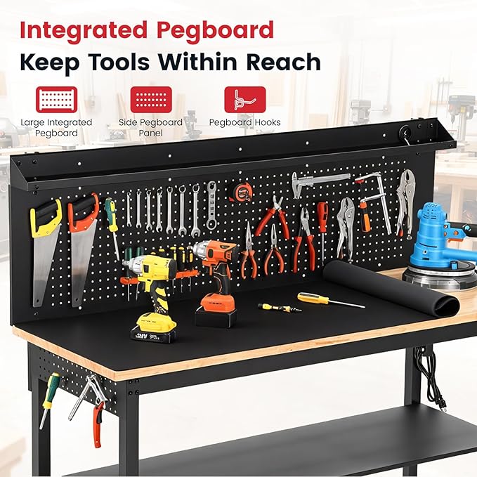 ENJOYWOOD 60'' Heavy Duty Workbench 3000 LBS Load Capacity Adjustable Height Garage Work Bench with Pegboard, Storage Shelf, Power Outlets and LED Light