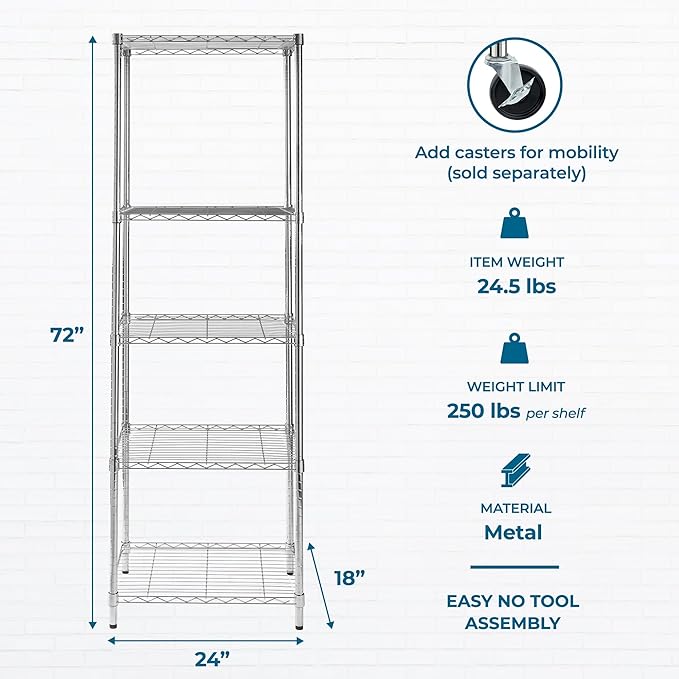 Honey-Can-Do 5-Tier Heavy-Duty Adjustable Shelves, Metal Storage Rack with 250-lb Shelf Capacity, Chrome, 18" W x 24" L x 72" H
