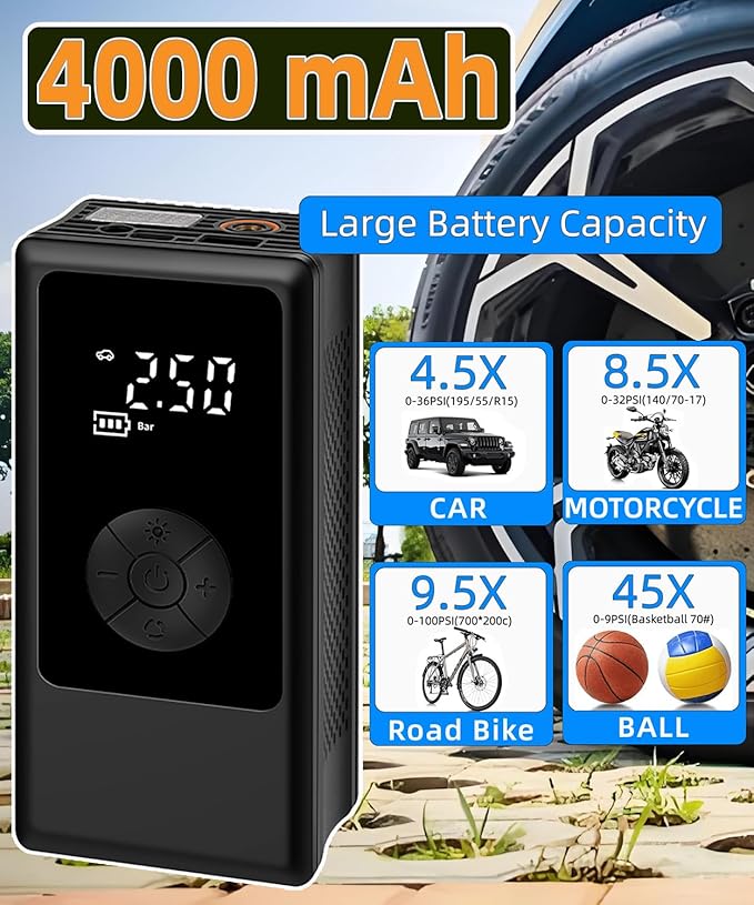 Tire Inflator Portable Air Compressor for Car, Ball Basketball Pump for Sports Balls Auto for Car Tires Bicycle w Gauge Values Display, 150PSI Power Battery Bike Pump Cordless