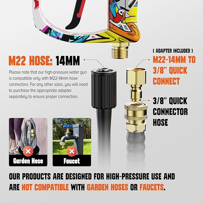 Short Pressure Washer Gun, High Pressure Washer Gun 4000 PSI M22-14mm & 3/8" Connect Car Accessories Car Washing Gun Car Detailing Kit with 5 Spray Nozzle, 1/4" Quick Connector Coupler for Foam Cannon