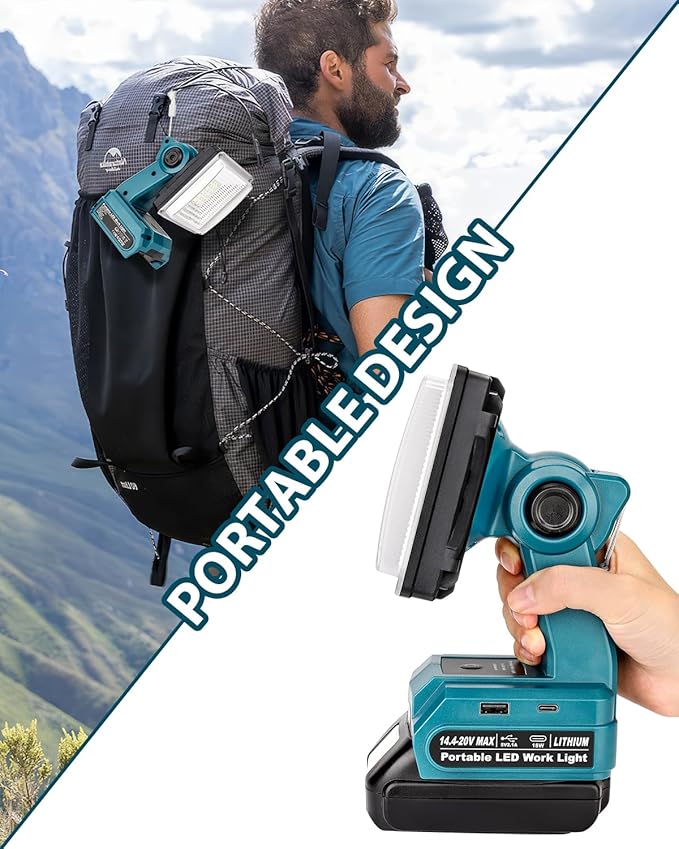 Adisipsoarin Cordless LED Work Light for Makita 18V LXT Battery, 25W LED Floodlight with USB-A&USB-C 2.1A Fast Charging Ports for Jobsite, Car Repairing, Camping, Emergency