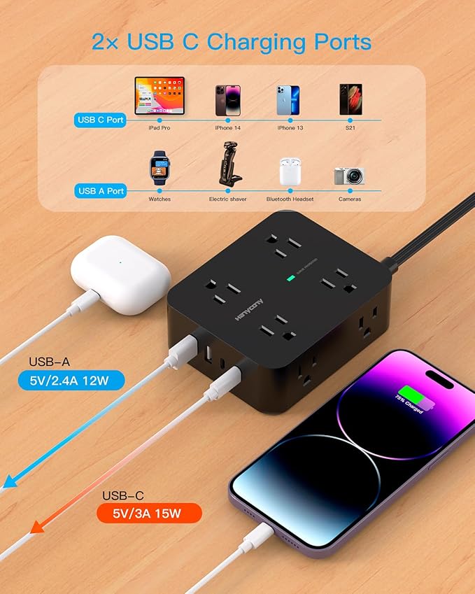 10 Ft Power Strip Long Cord, HANYCONY Extension Cord Surge Protector with Flat Plug, 8 Outlets 4 USB Charging Station(2 USB C), Wall Multiple Plug Outlet Extender for Home Office Desk