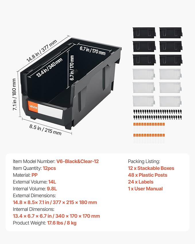 VEVOR Plastic Stackable Storage Bins, 14.8 x 8.5 x 7.1 inch (12 Pack), Plastic Containers for Organizing & Storage Bins for Garage, Small Parts, Office Supplies, Other Accessories, Black & Transparent