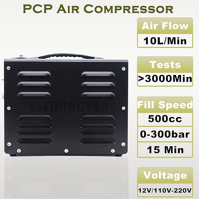 PORTAIR 4500PSI Portable HPA Compressor,Auto-Stop, Oil/Water-Free, Built-in Power Converter PCP Air Compressor for Air Rifle, Scuba Tank, Powered by Car Battery 12V DC or Home 110V AC (Black)