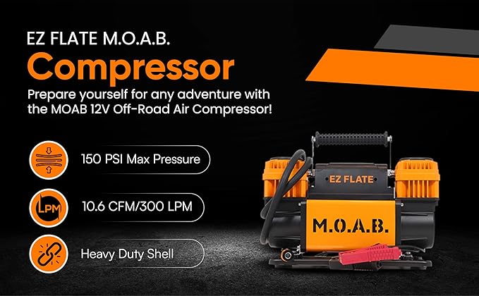 EZ FLATE M.O.A.B. Dual Air Compressor for 4x4 Offroad Vehicles, Fast Inflation, 12V Power, Easy to Use, Storage Bag