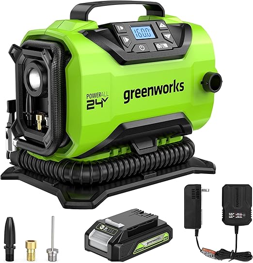Greenworks 24V Cordless Tire Inflator, 160 PSI Portable Air Compressor, 2 Power Sources & 24V 4.0Ah Lithium-Ion Battery (Genuine Greenworks Battery)