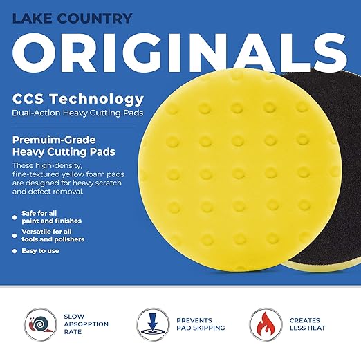 5.5" CCS Yellow Foam Cutting Pad (Pack of 2)- Lake Country Original CCS Yellow Compounding/Cutting Foam pad. Safe for All finishes and Painted Surfaces. Fits 5" Backing Plate.