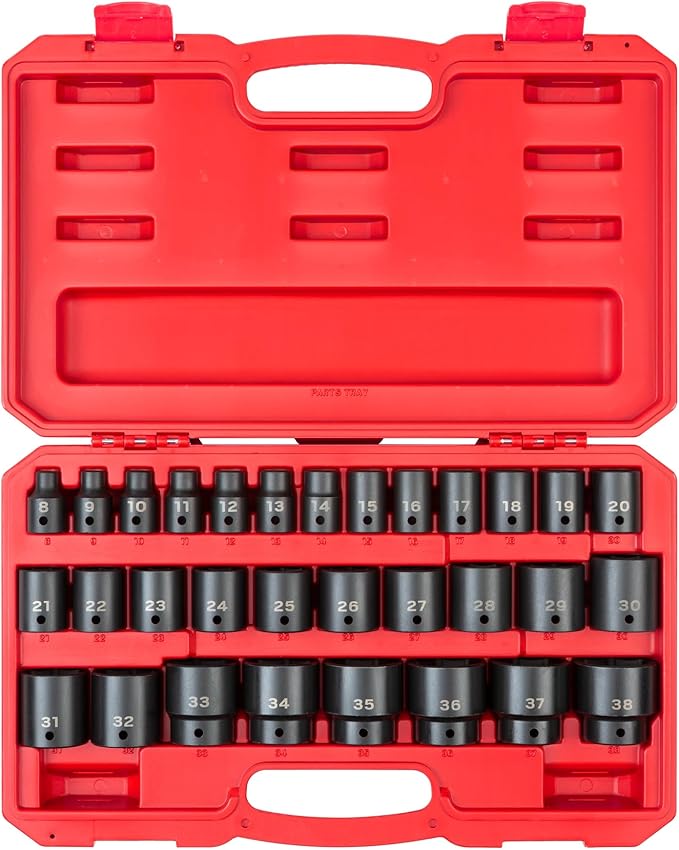 TEKTON 1/2 Inch Drive Shallow 6-Point Impact Socket Set with Case, 31-Piece (8-38 mm) | SID92327