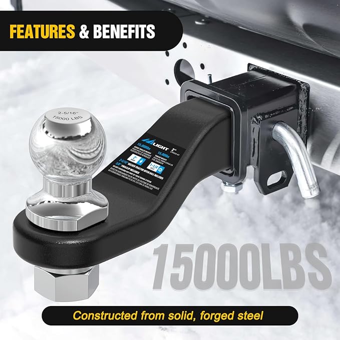 Nilight Forged Trailer Hitch Mount with 2-5/16-Inch Ball Fits 2 Inch Receiver Square 5/8" Hitch Pin Clip 15000 lbs 2" Drop, 1-1/4” Hole, Gloss Black Powder Coat