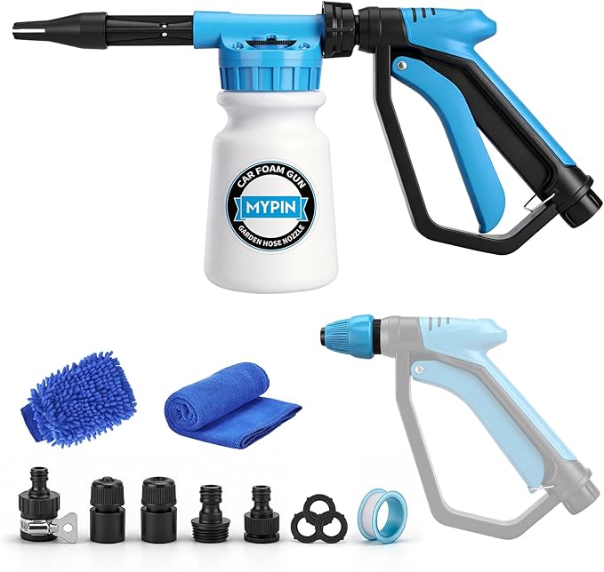 Upgraded Car Wash Foam Gun, Foam Cannon, Adjustable Hose Wash Sprayer with 2.5 to 6 Bars Foam Blaster, NEW Handle, Wash Mitten &Towel, Suitable for Car Cleaning & Garden Use with 1/2” Quick Connector