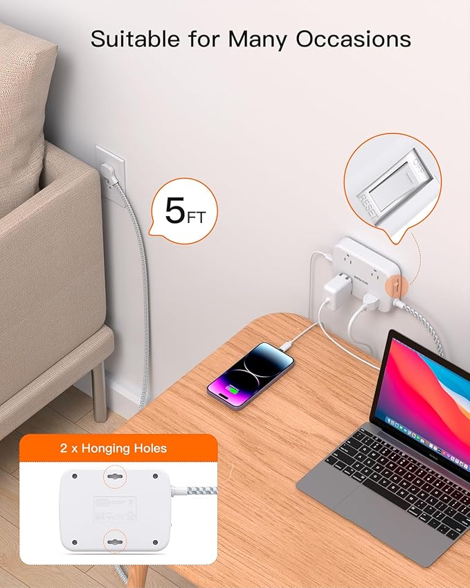 Surge Protector Power Strip with 2 USB C - BESHON 5 Ft Flat Extension Cord Flat Plug Power Strip, 4 Widely Outlets and 4 USB Charging Ports, Outlet Extender, 900 Joules, for Home Dorm Room Essentials