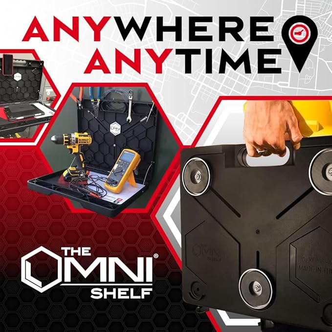 The OmniShelf Magnetic Portable Workstation + Toolbox, Computer & Laptop Stand, Multimeter Case, Utility Shelf w/ 40 lb Capacity, Hands Free Workstation Attaches to HVAC, Trucks & More (3 Count)