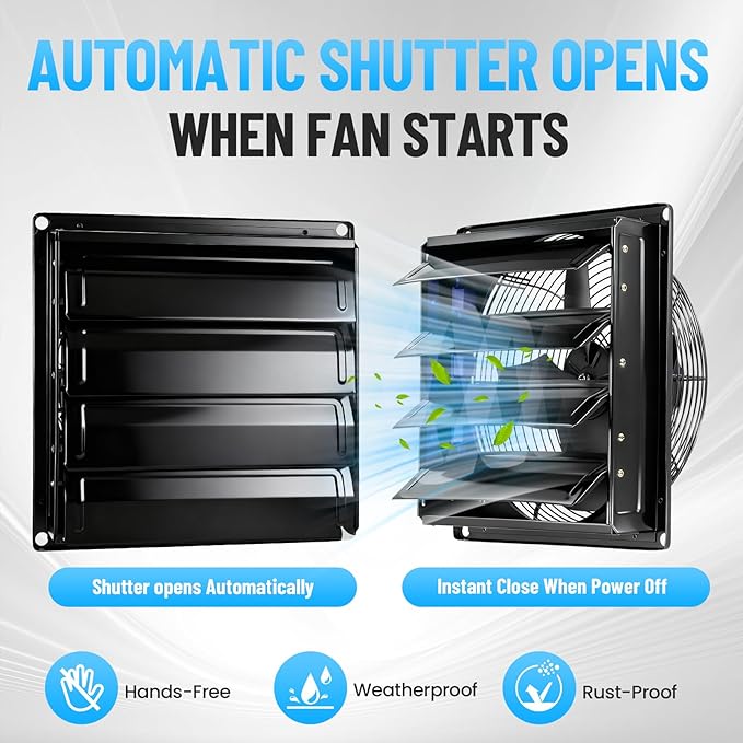 12 Inch Shutter Exhaust Fan with Automatic Louvers, 764 CFM 37W 110-120V Wall Mounted Louvered Exhaust Fan for Garage, Greenhouse, Attic, Barn, Workshop – Quiet Pure Copper Motor, All-Metal Housing
