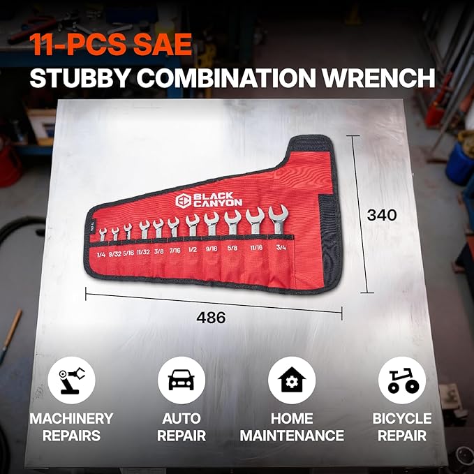 BLACK CANYON 11-Piece SAE Stubby Combination Wrench Sets with Storage Pouch - Cr-V Steel Chrome Finish for Tight Spaces