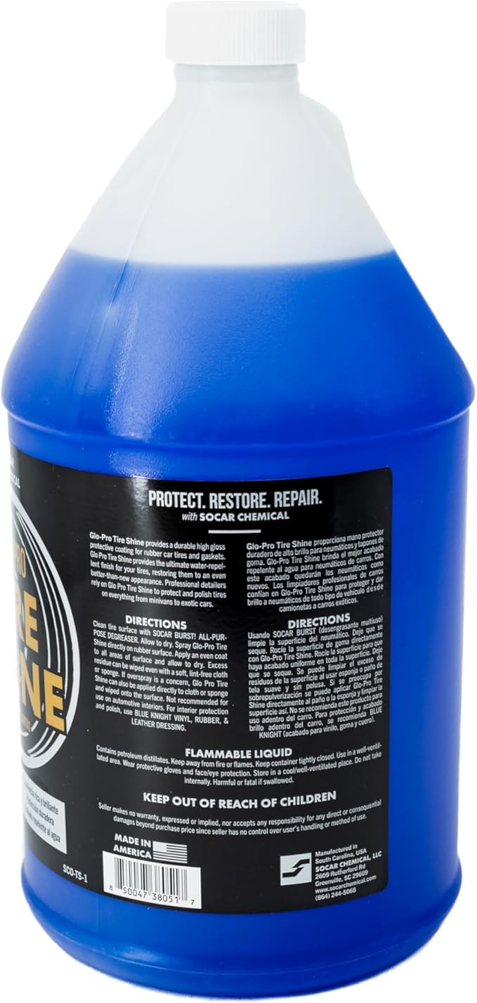 Socar Chemical Glo-Pro Tire Shine, 128 oz, 1 Gallon, High Gloss Tire Dressing, Professional Wet Tire Dressing, Water Repellant, Long Lasting