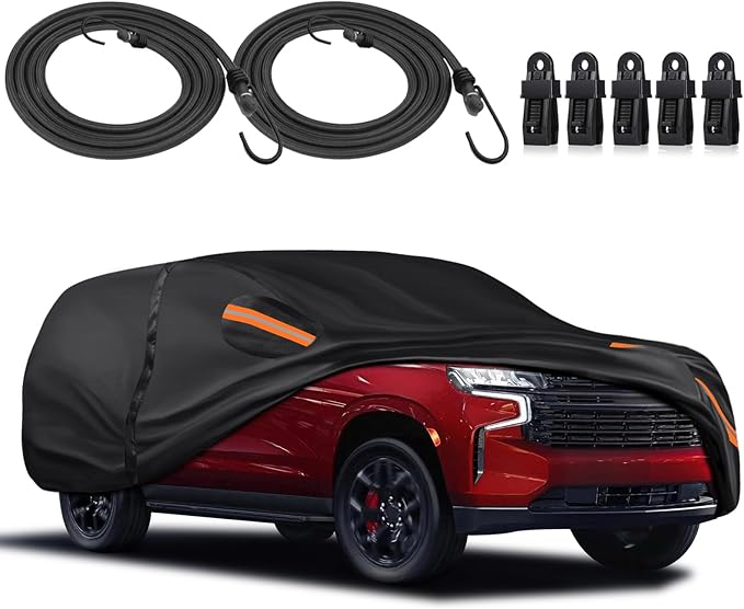 KEYOOG Car Cover Waterproof All Weather Fit 07-24 Chev-vy Suburban/GM-C Yukon XL/Cadi-llac Escalade ESV, 600D Oxford Cloth Heavy Duty, Sun Hail Protector Seal Skin Outdoor Car Covers with Door Zipper