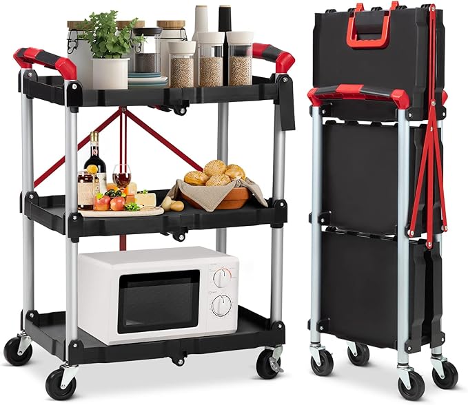 Towallmark Portable Folding Service Cart, 3 Tier Folding Utility Cart, Collapsible Utility Carts for Office, Warehouse, and Home, High Capacity Tool Cart (Black & Red)
