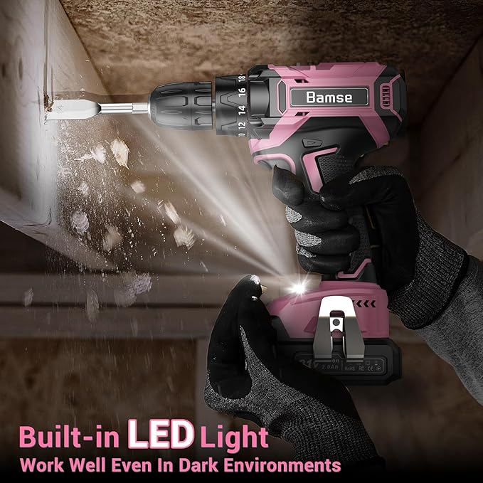 Pink Cordless Drill Set, 21V Electric Power Drill for Women with 2.0Ah Battery Charger, 3/8”Keyless Chuck, 2 Variable Speed, 18+1 Torque, 20pcs Driver Bits and Belt Hook for DIY Projects
