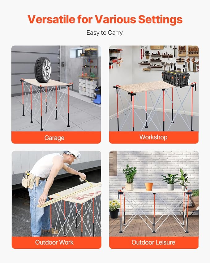 VEVOR Portable Folding Workstand, 4.16 x 2.18 ft Collapsible Workbench, 2500 lbs Weight Capacity, No Assembly Foldable Work Stand with Storage Bag, Table Top NOT Included, for Garage Workshop Outdoor