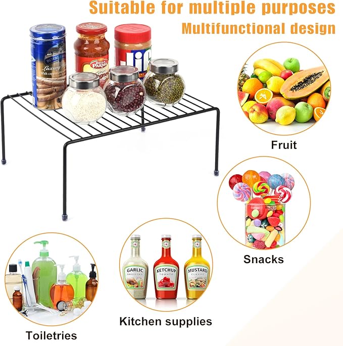 Medium (13.1 x 10.2 Inch) Cabinet Storage Shelf Rack , Kitchen Shelves，Kitchen Counter and Cabinet Shelf, Storage Rack Organizer for Kitchen, Fridge, Cabinet, Bathroom Cupboard& Pantry (4, Black)