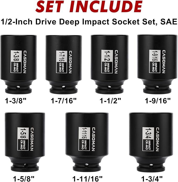 CASOMAN 1/2-Inch Drive Deep Spindle Axle Nut Impact Socket Set, Inch, Cr-Mo, 6-Point, 1-3/8-Inch - 1-3/4-Inch, 7 Piece Axle Socket Set