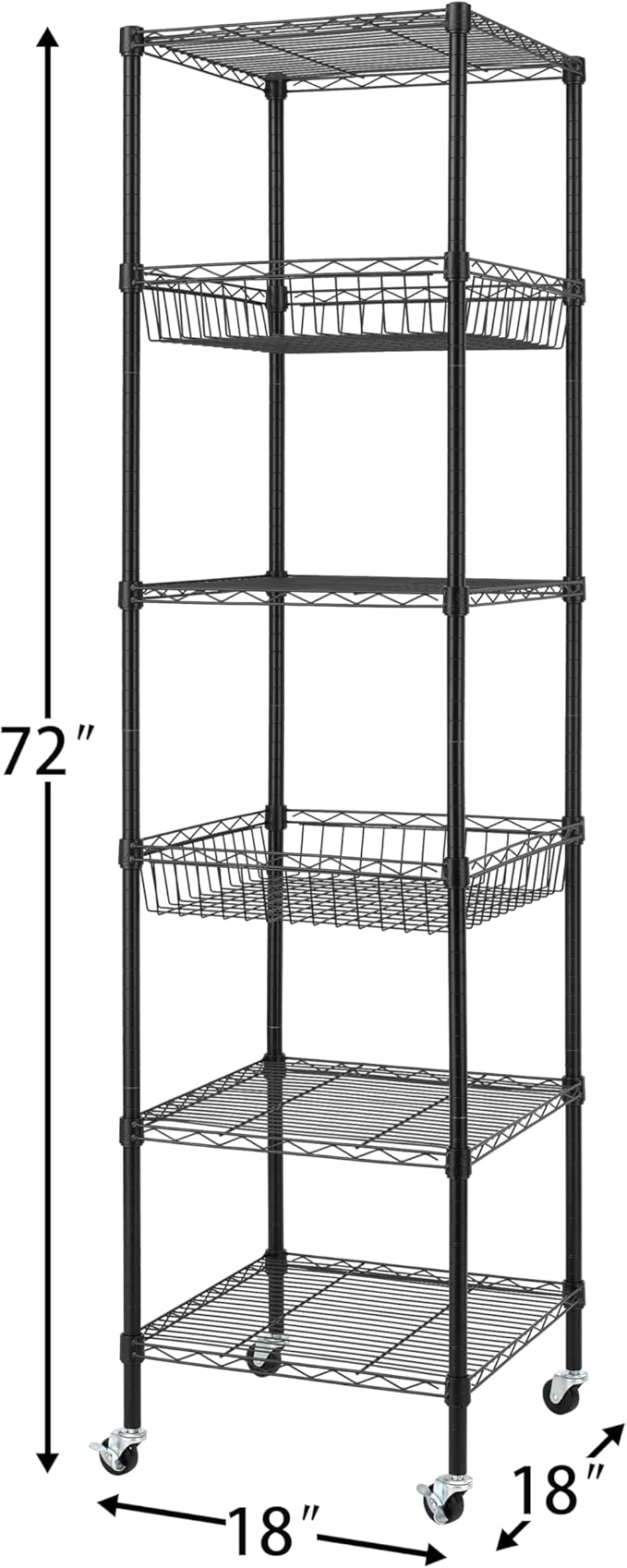 Finnhomy Heavy Duty 6 Tier Wire Shelving Unit with Wheels 18x18x72-inches 6 Shelves Metal Storage Rack Thicken Steel Tube, Adjustable Shelving Rack for Kitchen Bathroom Office, NSF Certified, Black