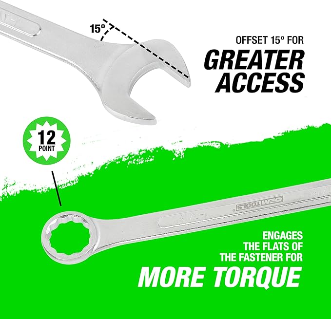 OEMTOOLS 22100 6-PC SAE Jumbo Combination Wrench Set, 1-1/16" to 1-7/16", 12 Pt. Box End Wrenches, 15° Offset for Knuckle Clearance, Chrome Plated Finish with Wrench Roll