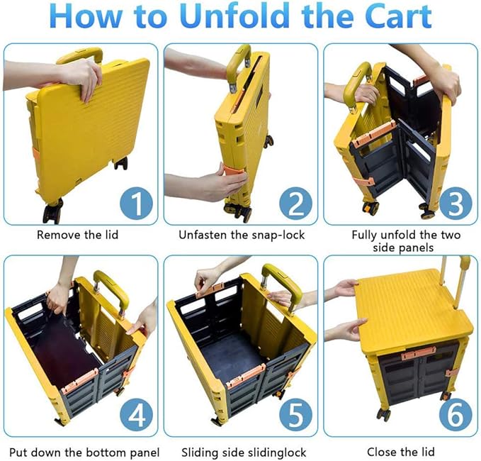 Foldable Utility Cart Folding Portable Rolling Crate Handcart Shopping Trolley Wheel Box with Lid Wear-Resistant Noiseless 360°Rotate Wheel for Travel Shopping Moving Storage Office Use (Yellow)